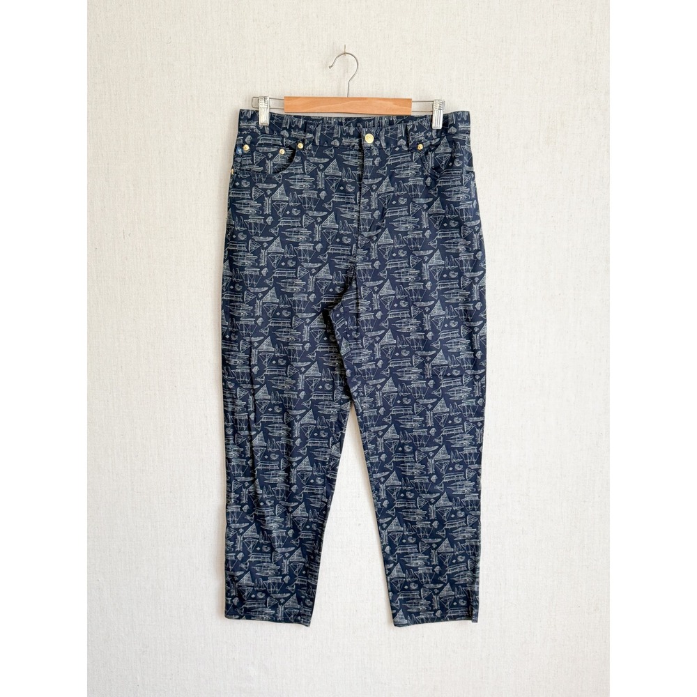 Nautical Preppy Lauren Ralph Lauren Sailboat Print Pants 14 Navy Blue High Rise
